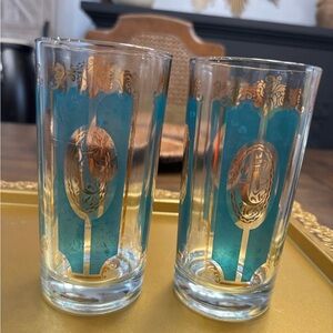 Two Mcm vintage culver green and gold highball glasses